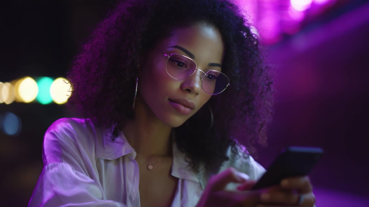 Woman with curly hair wearing glasses, absorbed in her smartphone, captured in a vibrant atmosphere filled with soft purple lighting and bokeh effects.