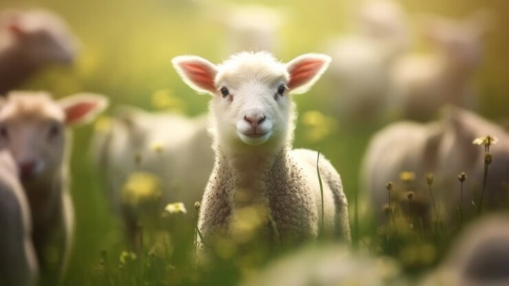 Un video ravvicinato e sereno di un agnello in un prato illuminato dal sole, circondato da fiori con messa a fuoco morbida