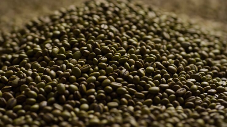 A close-up view of a heap of small, round objects, possibly seeds or grains, with a neutral mood and natural lighting. This scene is food industry, agriculture, and natural foodst.