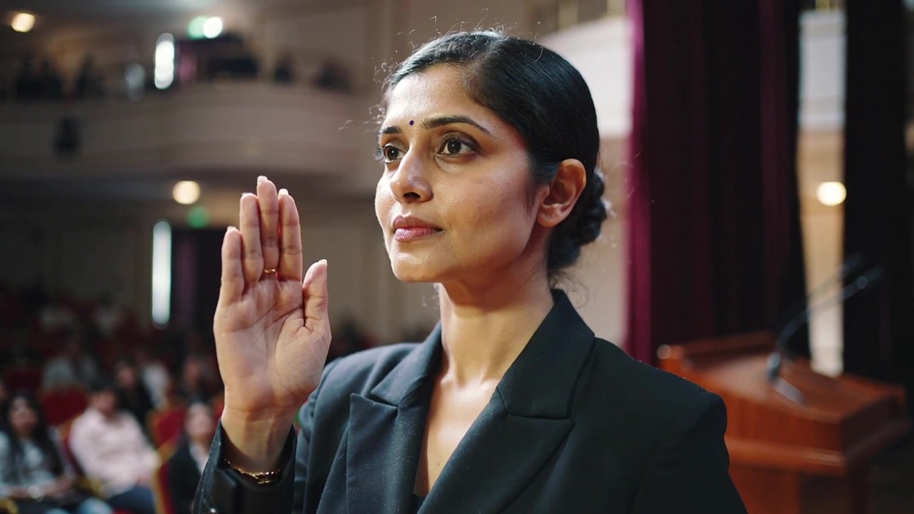 Holding raised right hand woman in dark blazer with name badge near lectern during oath taking