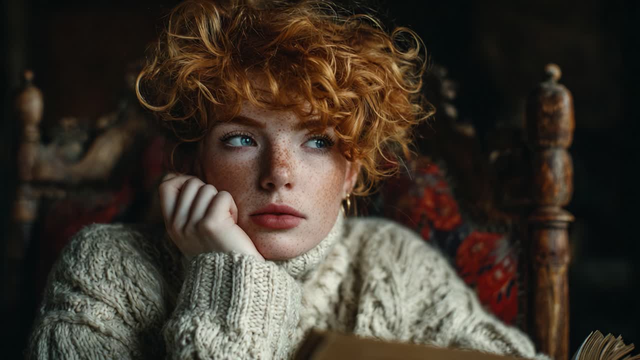 A Contemplative Portrait of a Young Woman with Freckles and Curly Hair, Lost in Thought While Wearing a Cozy Sweater in an Intimate Setting