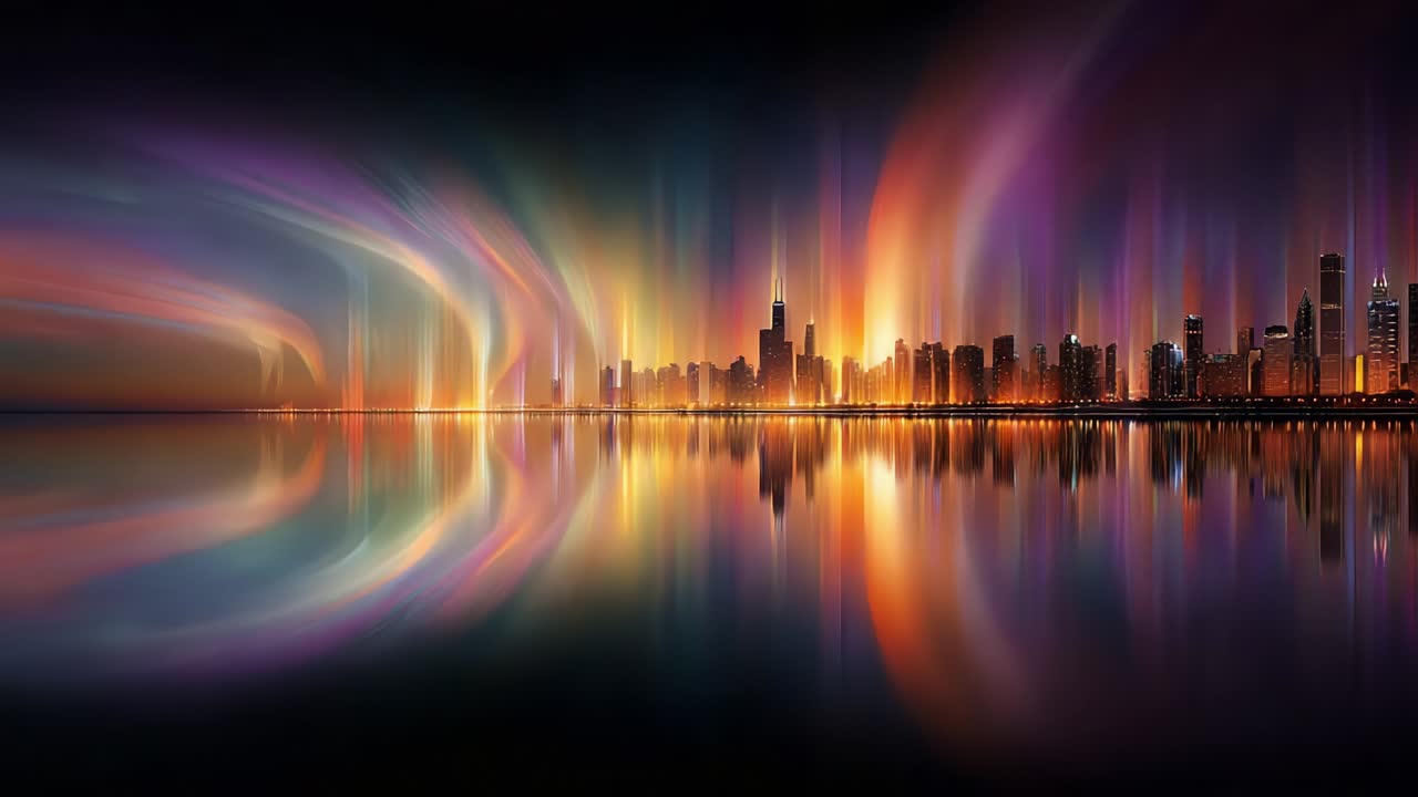 Vibrant City Nightscape with Colorful Aurora Lights Reflecting on Water, Showcasing the Dynamic Atmosphere of Urban Life and Natural Phenomena in a Stunning Display of Illumination