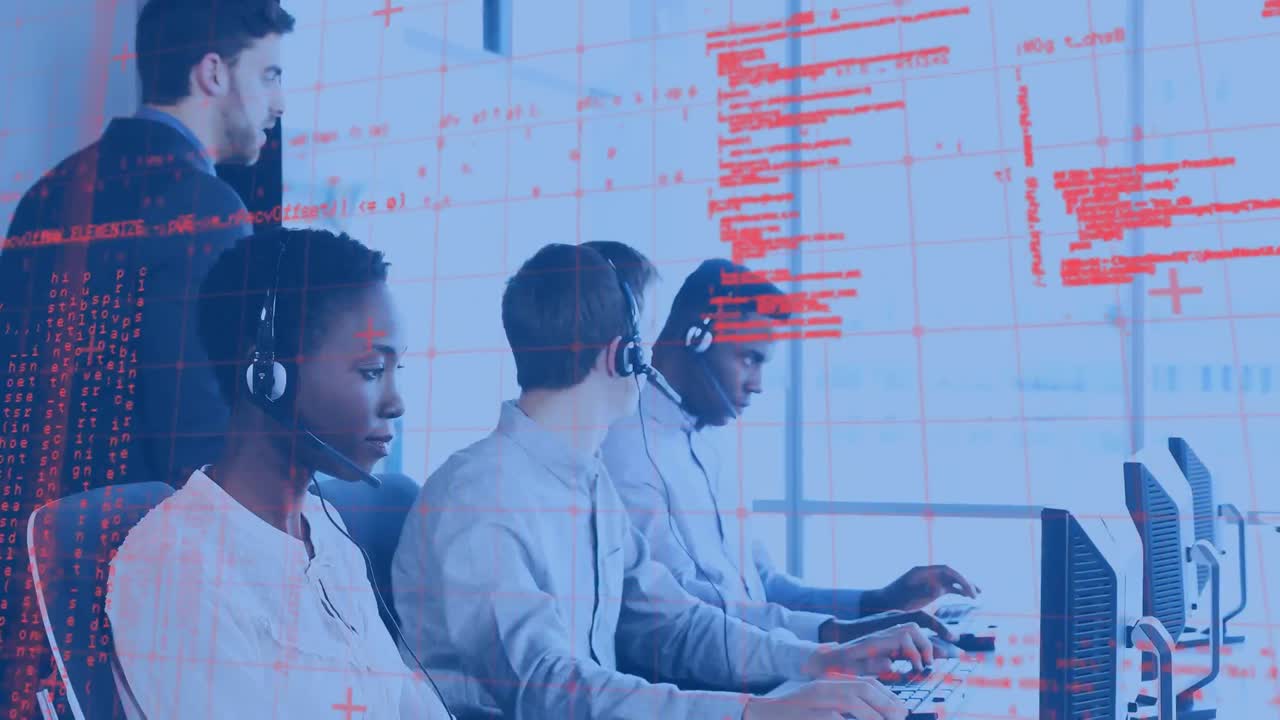 animación del procesamiento de datos sobre diversas personas de negocios que usan auriculares telefónicos