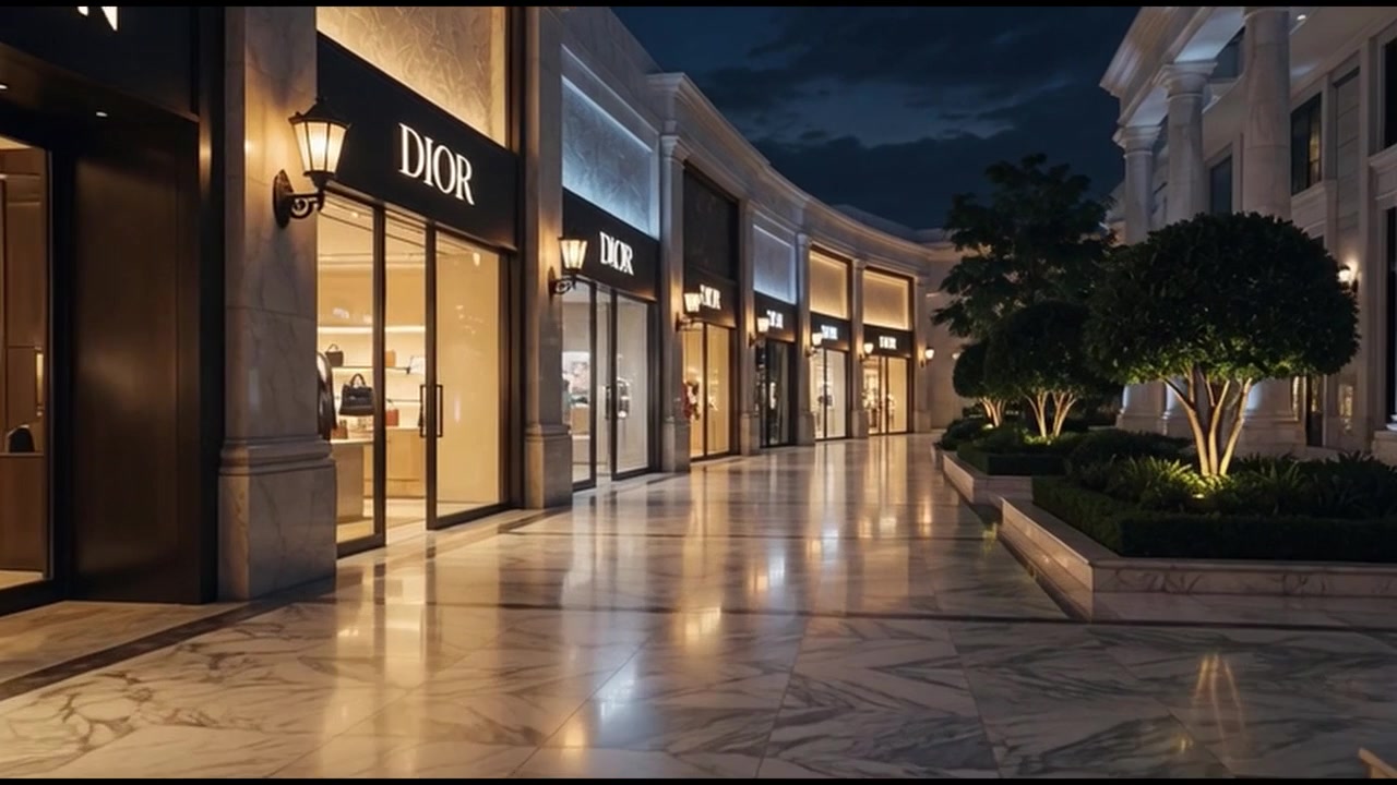 Esterno di un centro commerciale di lusso di notte con vetrine illuminate