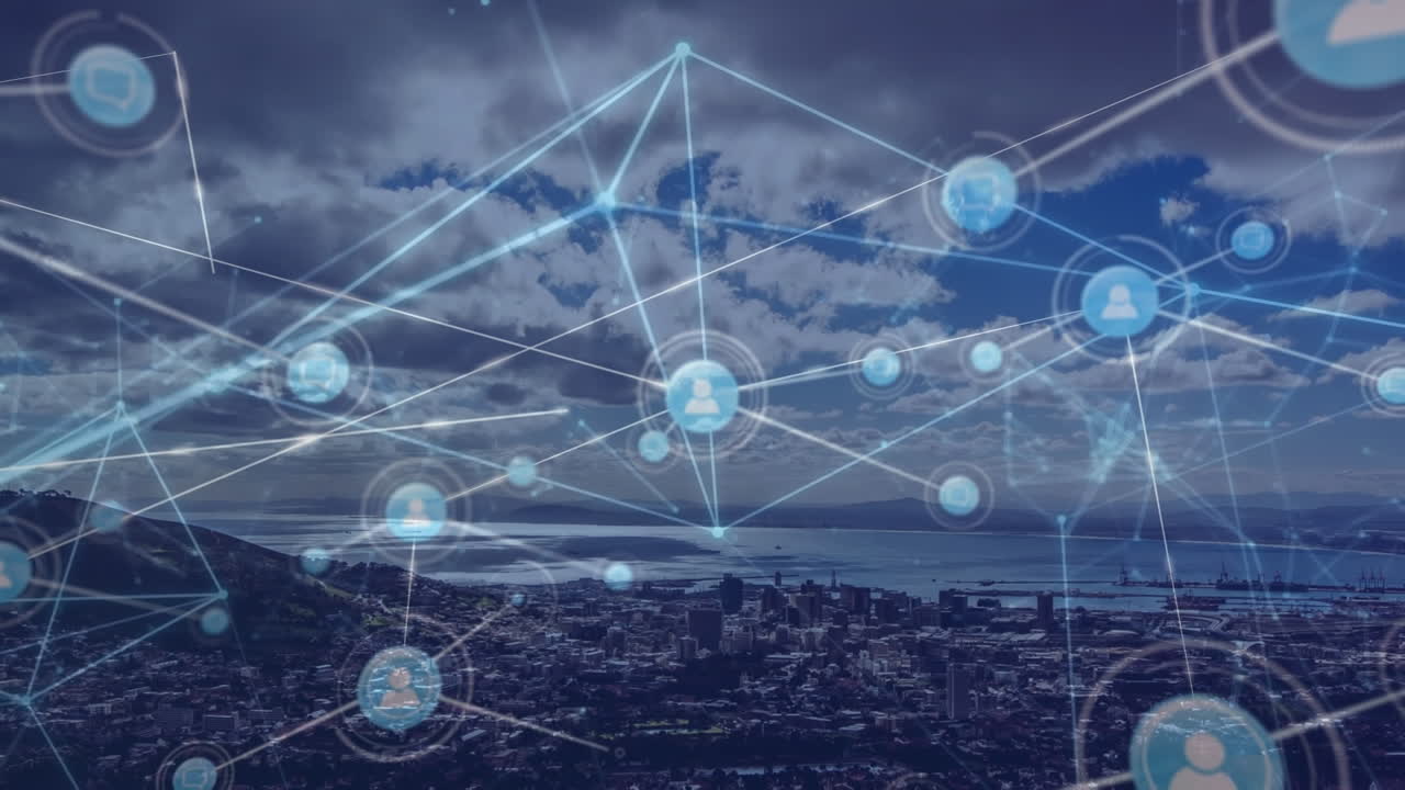 animación de la red de conexiones con iconos sobre el paisaje urbano