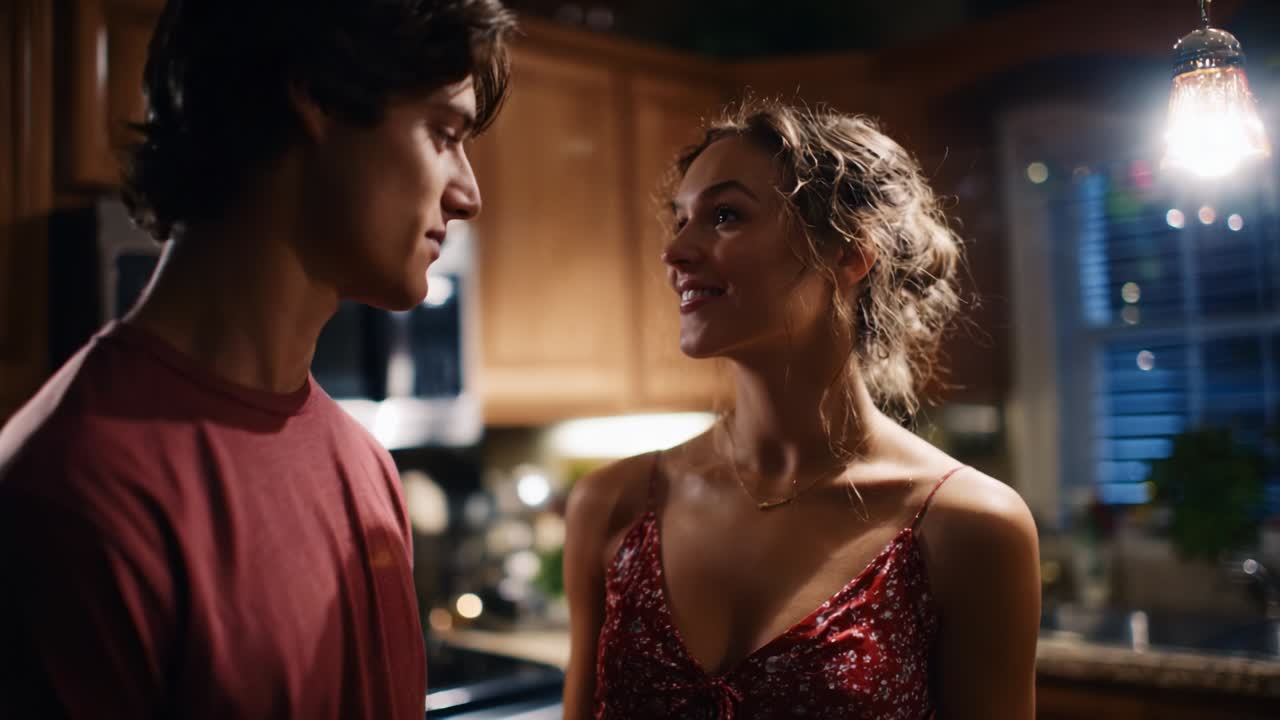 A Romantic Encounter in a Cozy Kitchen Setting: Two Young Adults Share an Intimate Moment Filled with Laughter, Connection, and Warm Light, Highlighting the Joys of Relationship and Togetherness