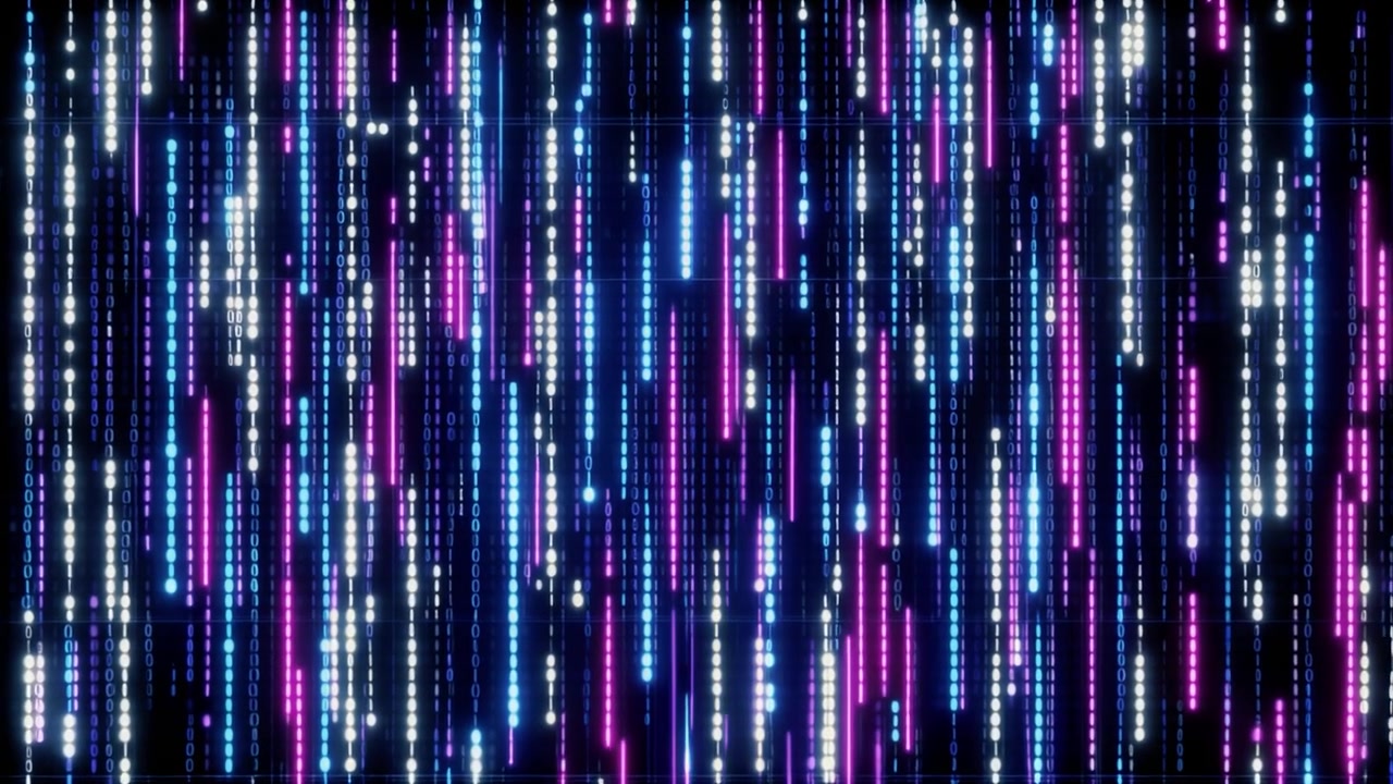 Digital Binary Code Streaming Down in Blue and Pink Neon