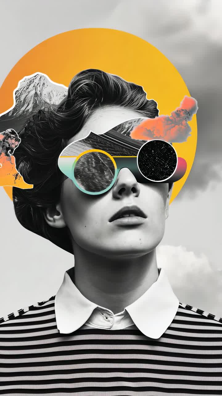 Surreal video concept with a low-angle view of a woman in collage style, featuring cosmic sunglasses