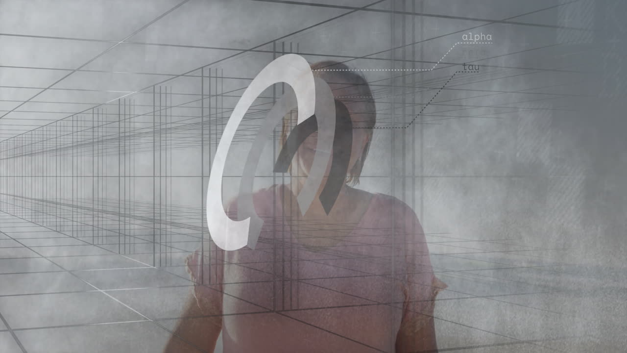 Standing in grid-like environment, person surrounded by abstract geometric animation
