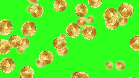 animación de monedas de ethereum en cascada contra un telón de fondo verde vibrante, mostrando movimientos dinámicos y temas de monedas digitales