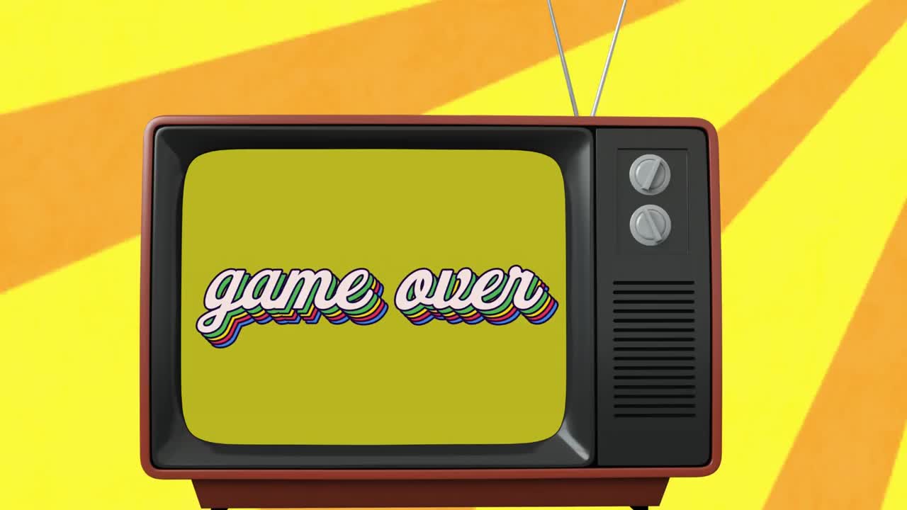 빈티지 tv 세트와 배경의 노란색 줄무 ⁇  위에 무지개 텍스트에 대한 레트로 게임의 애니메이션
