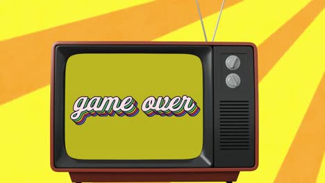 animation of retro game over rainbow text over vintage tv set and yellow stripes in the background