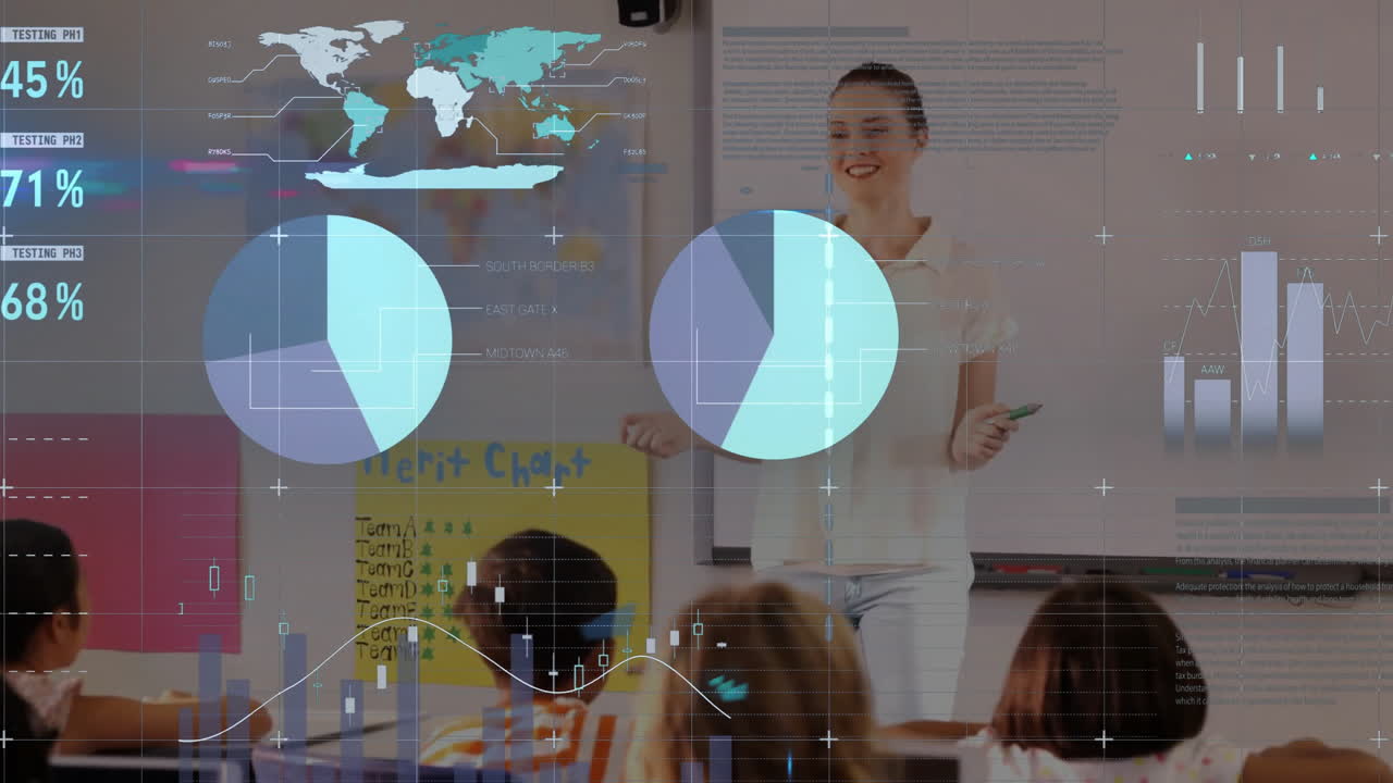 Animation of multicolored infographic interface, diverse female teacher asking question to students