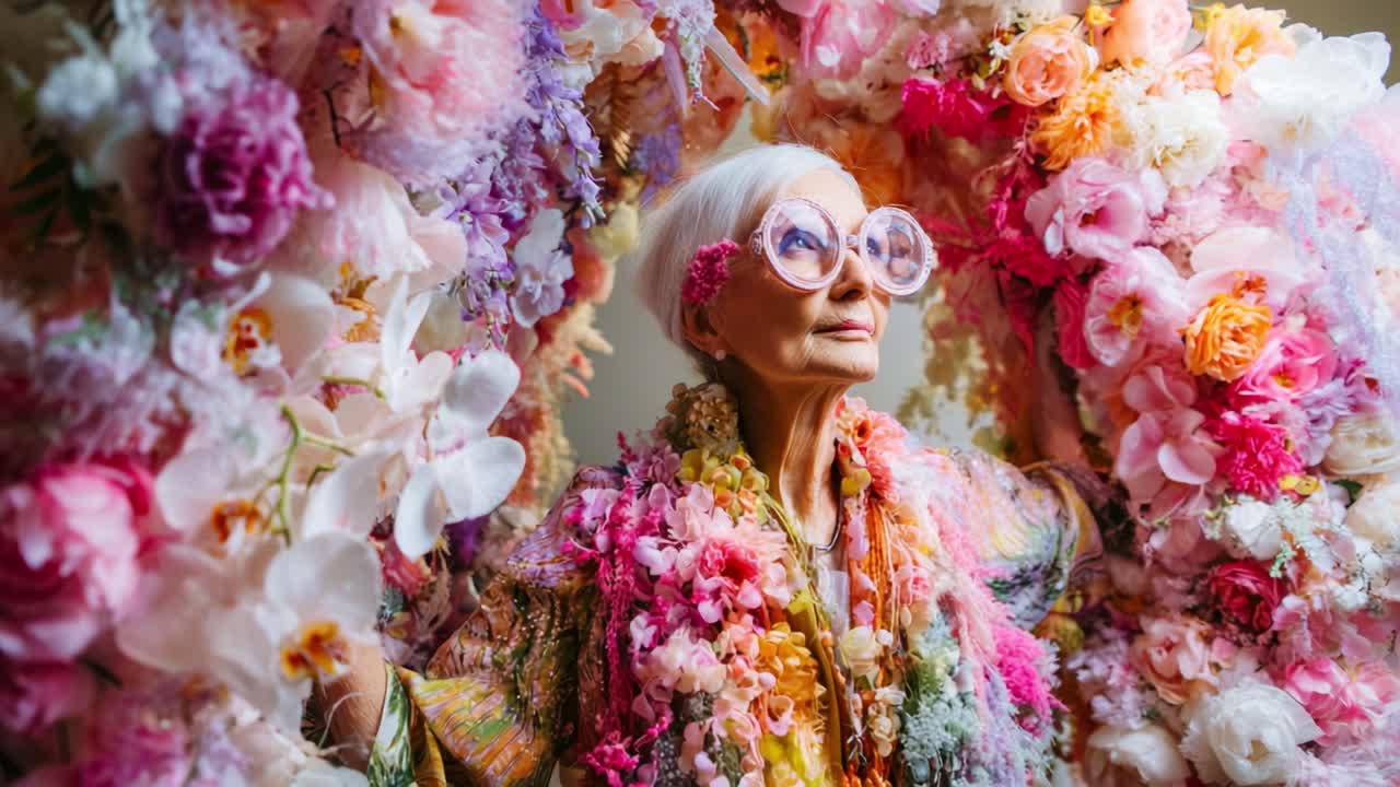 A graceful elderly woman adorned with vibrant colorful flowers and oversized glasses, captured in a whimsical floral archway, exuding charm and elegance in a playful atmosphere
