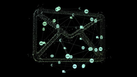 animación de procesamiento de datos y globo con iconos sobre fondo oscuro