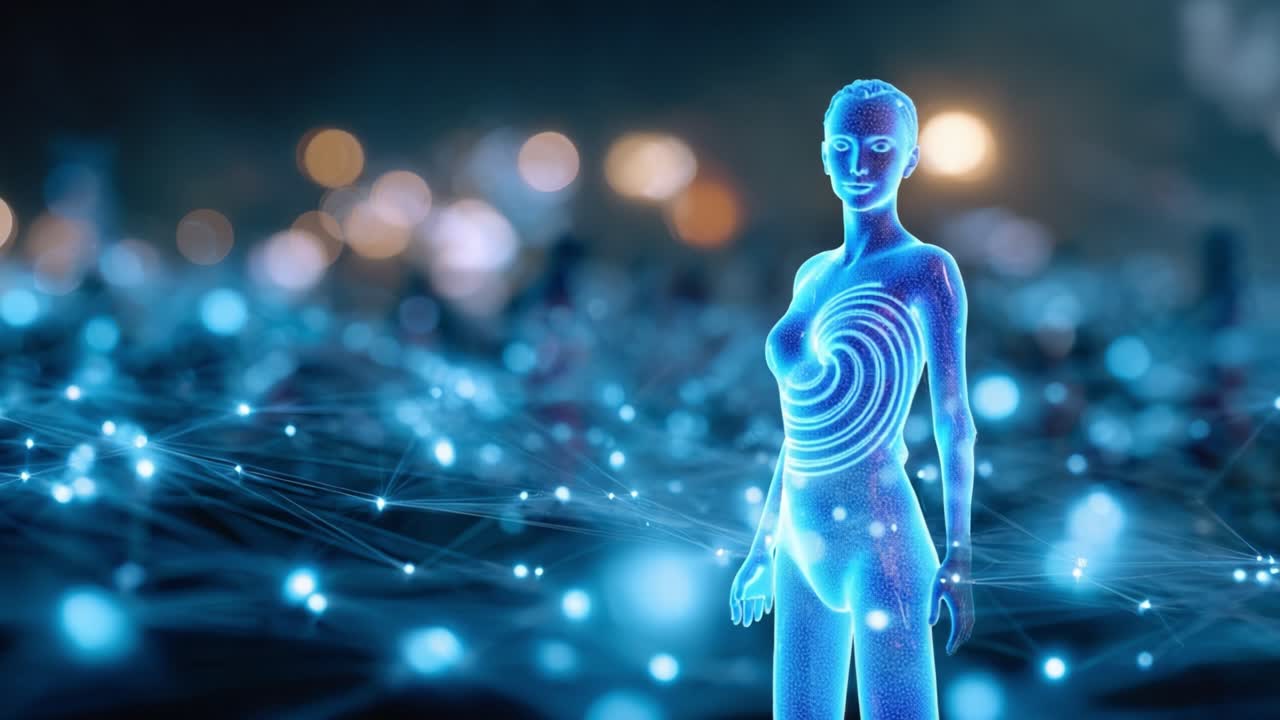 A futuristic female humanoid figure stands at the center of a vibrant digital landscape filled with glowing blue lights and intricate network connections, symbolizing technology