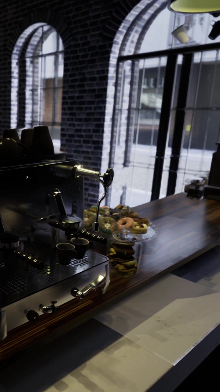 Barista che prepara il caffè in una caffetteria alla moda con deliziosi pasticcini in mostra