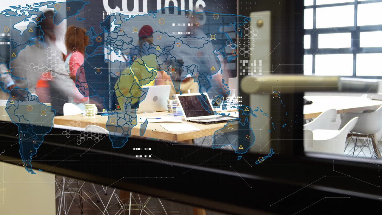 현대 사무실에서 비즈니스 회의를 통해 세계 지도 및 데이터 포인트 애니메이션