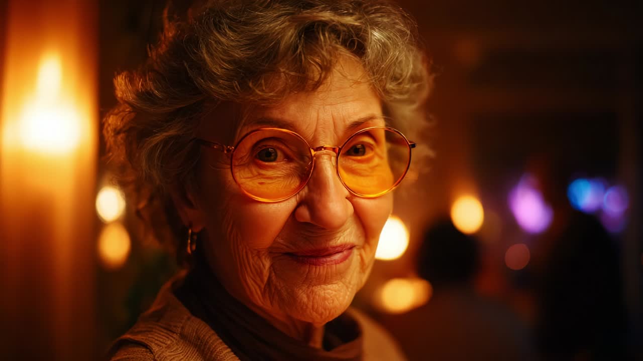 Un ritratto affettuoso di un'anziana signora che emana calore e gioia, catturato in un ambiente accogliente con un'illuminazione soffusa che mette in risalto la sua espressione allegra e i vivaci occhiali arancioni, mostrando le ricche esperienze della vita