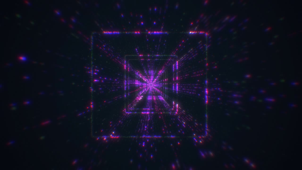 Beautiful Abstract Square Tunnel with Pink Light Lines Moving Fast. Futuristic Tunnel with Neon Lights