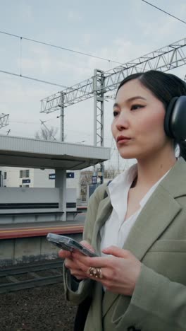 woman using phone at train station