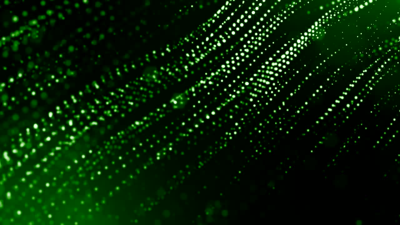 fondo verde 3d con fantásticas partículas luminosas. animación 3d en bucle con profundidad de campo, efectos de luz. fondo digital moderno. líneas curvas 6