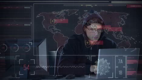 animación del procesamiento de datos sobre un hacker con una computadora portátil