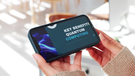 woman viewing quantum computing information on smartphone