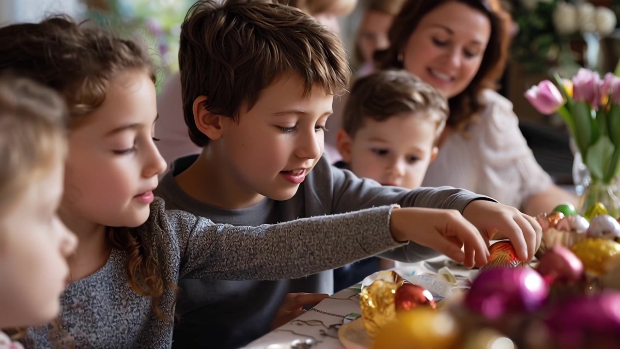 Bambini sorridenti e madre a tavola a Pasqua con uova colorate