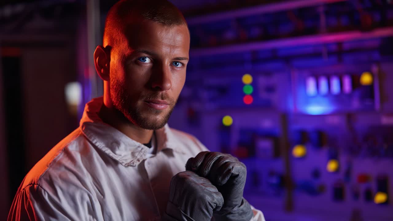 Intense Focus and Determination Captured in Two Frames: A Portrait of a Strong, Resilient Individual Preparing for Action Amidst a Dynamic, High-Tech Environment with Vivid Lighting Effects