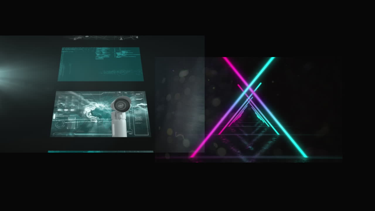 animación de diversos datos en pantallas y triángulos de neón que se mueven sobre un fondo negro