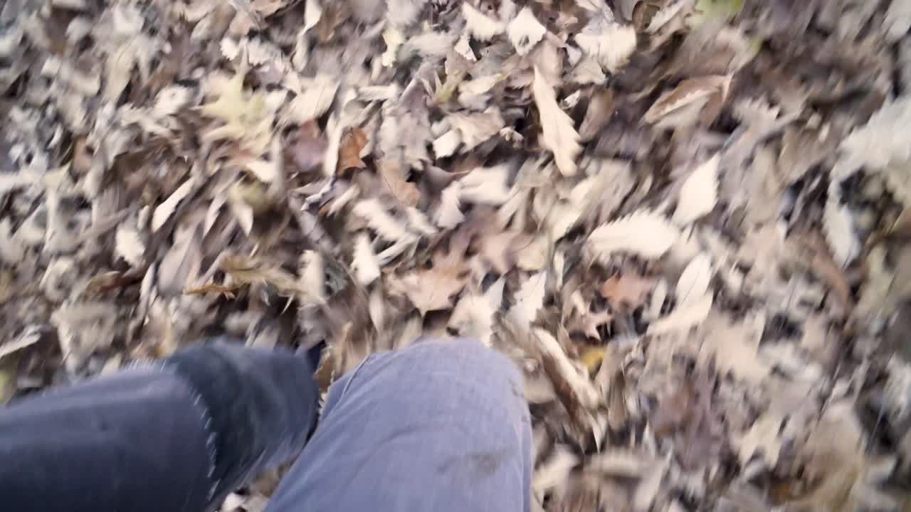 Walking through fallen leaves in autumn