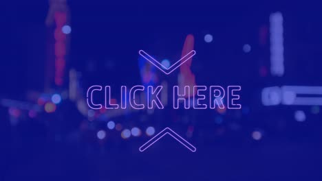 animación de clic aquí texto sobre el paisaje urbano por la noche sobre fondo azul