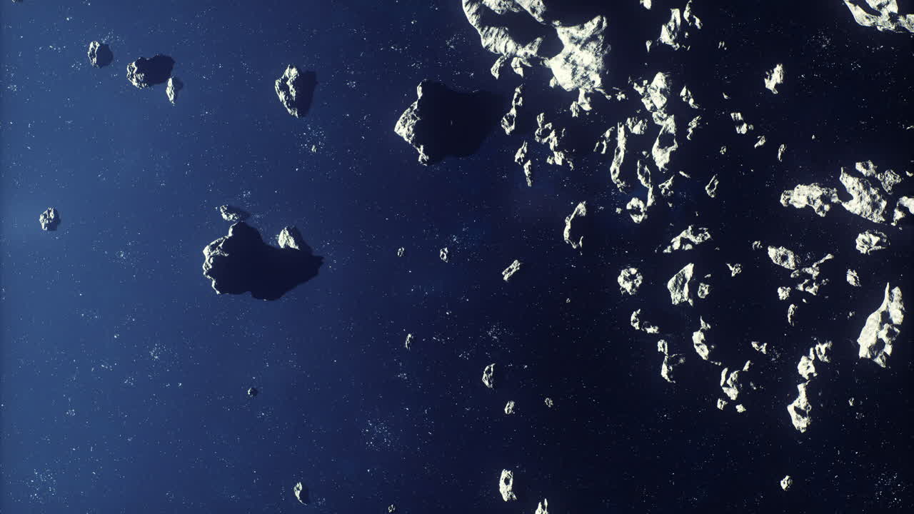 Exploring a dense field of asteroids floating in deep space during twilight