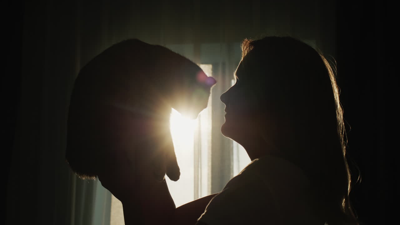 Silhouette di una donna che tiene in braccio un gatto. In piedi accanto alla finestra dove splende il sole al tramonto.