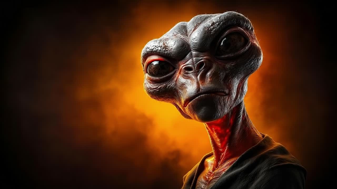 An alien with a red face and a black background