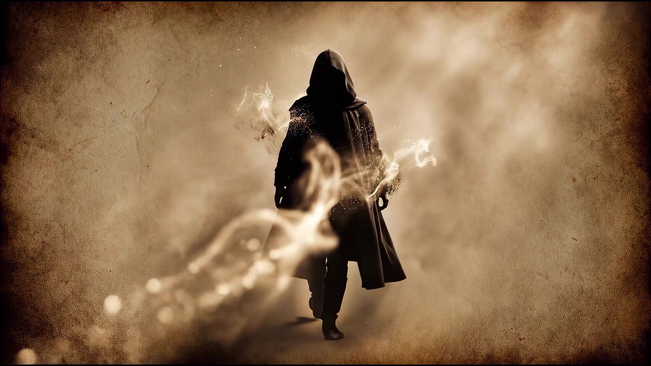 Mysterious Hooded Figure Walking Through Magical Smoke and Particles