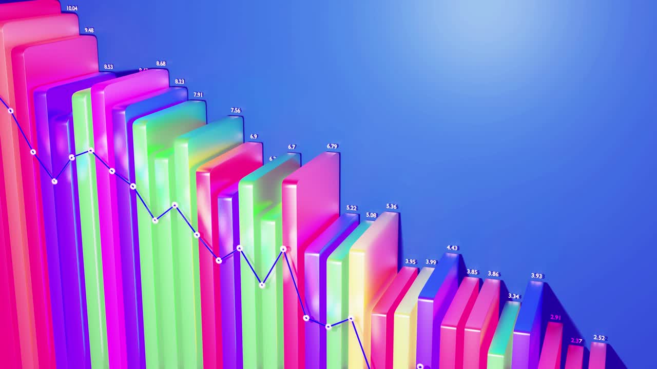 infografías en bucle abstractos de fondo con barras 3d multicolores en azul, por ejemplo. gráfico de degradación de columnas. fondo económico con espacio de copia en 4k. barras 3d como gráfico de datos estadísticos.