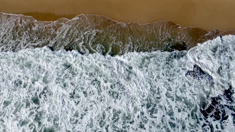 Turbulent-sea-waves-meeting-sandy-shore,-capturing-the-dynamic-interface-of-water-and-land,-aerial-view