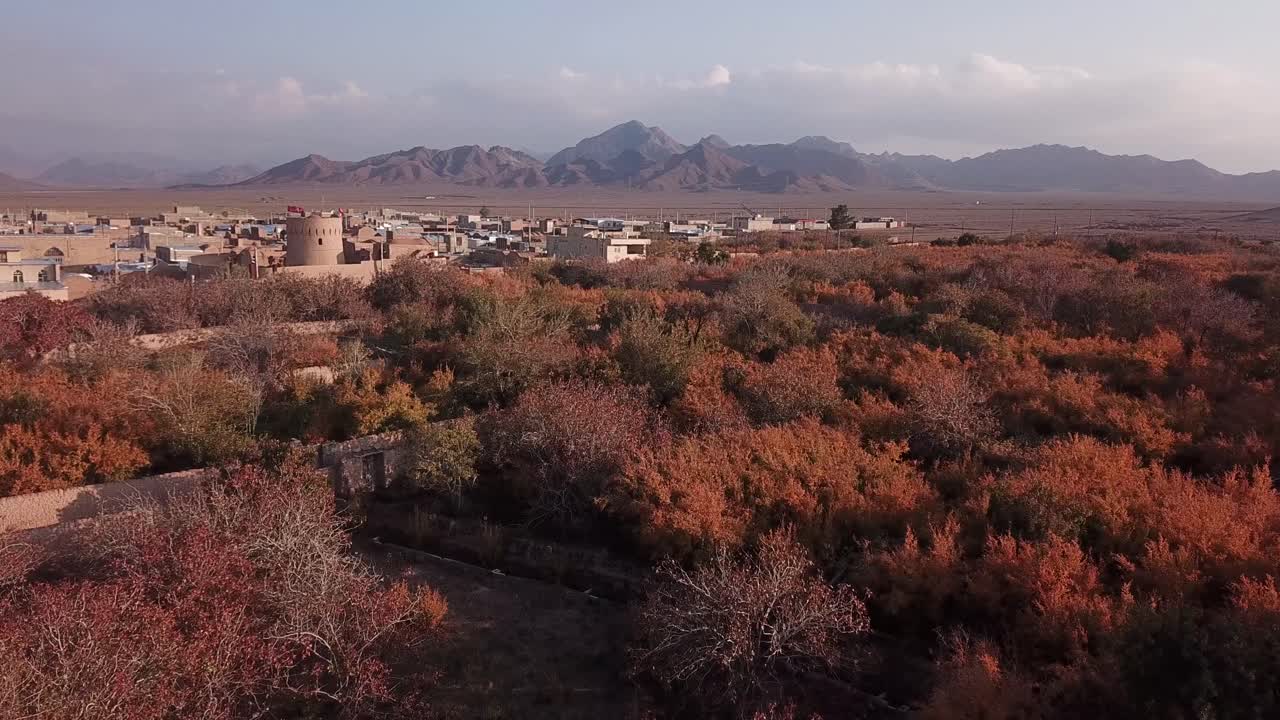 el castillo de la ciudad de sarv en aqda ardakan yazd con casas de ladrillo de barro y jardín de granadas en otoño colorida temporada de cosecha roja madura fruta deliciosa