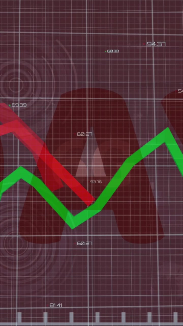 Animation of financial data processing over dark background