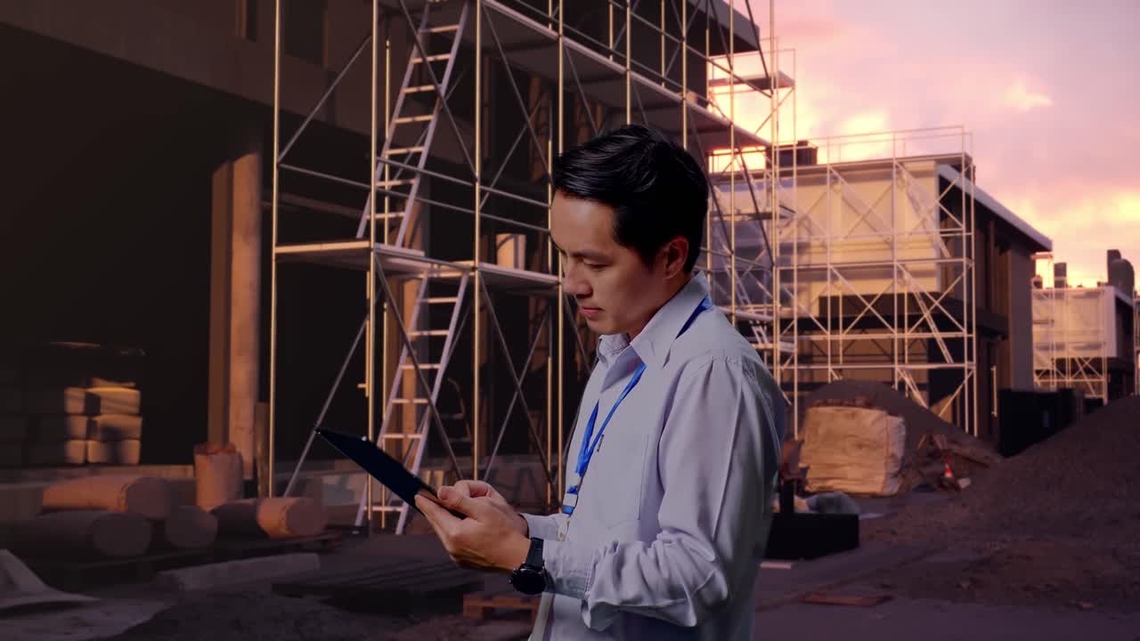 Side View Of An Asian Male Professional Worker Standing With His Tablet At Construction Site in Progress to New House, Checking On His Tablet With Meditation