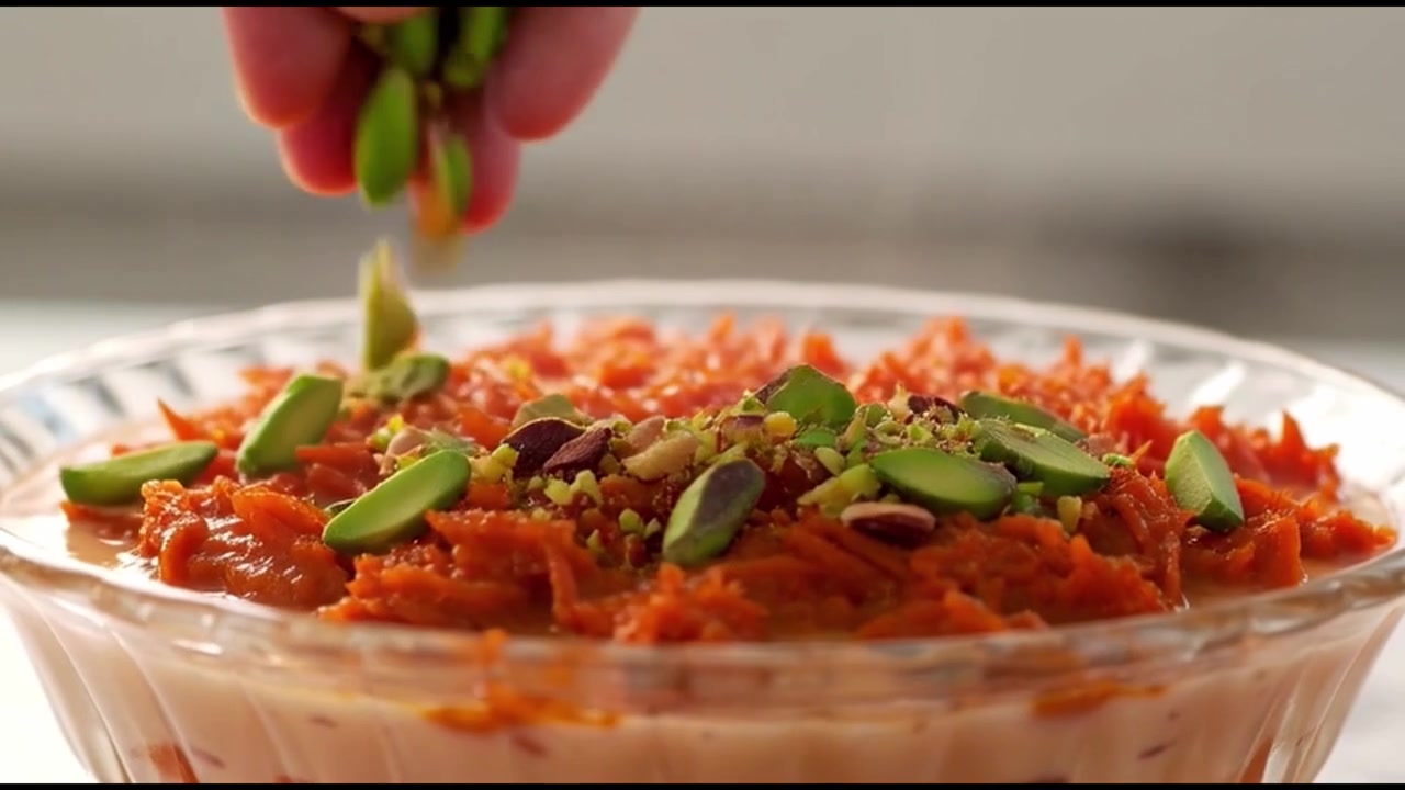 Gajar Halwa Panas Mengepul dengan Hiasan Tangan Pistachio Cincang