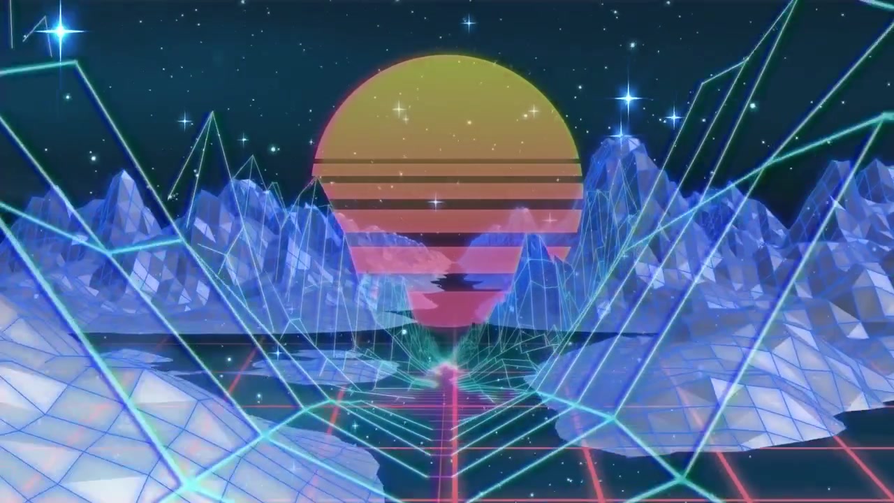 Animation of setting sun between 3d model of mountains against stars in galaxy