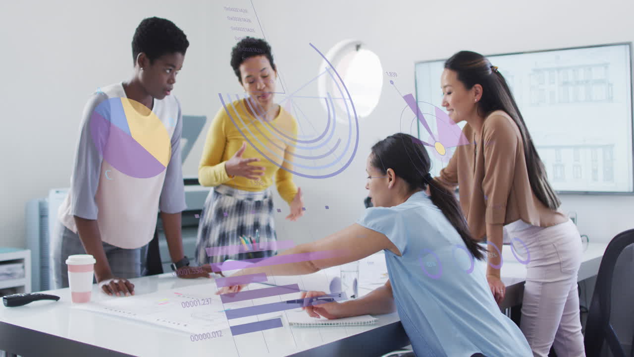 Animation of data processing over diverse business people talking in office