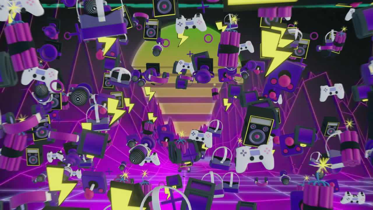 디지털 산과 태양 위의 게임 아이콘의 애니메이션