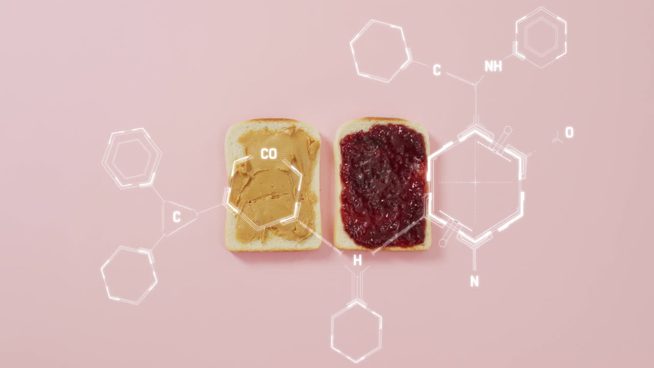 Animation of chemical formula over toast with jam and peanut butter