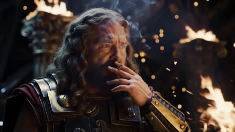 A powerful moment unfolds as a divine character exhales smoke, surrounded by a fiery backdrop. The setting features ancient architecture and vibrant flames, evoking a strong atmosphere.