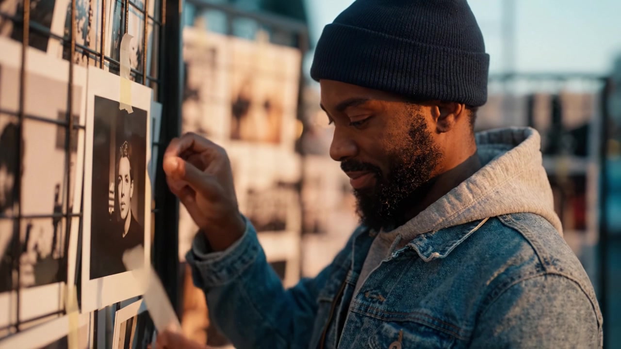 A focused individual examines printed photographs displayed on a board, deeply engaged in their art and showcasing a passion for photography and visual expression.