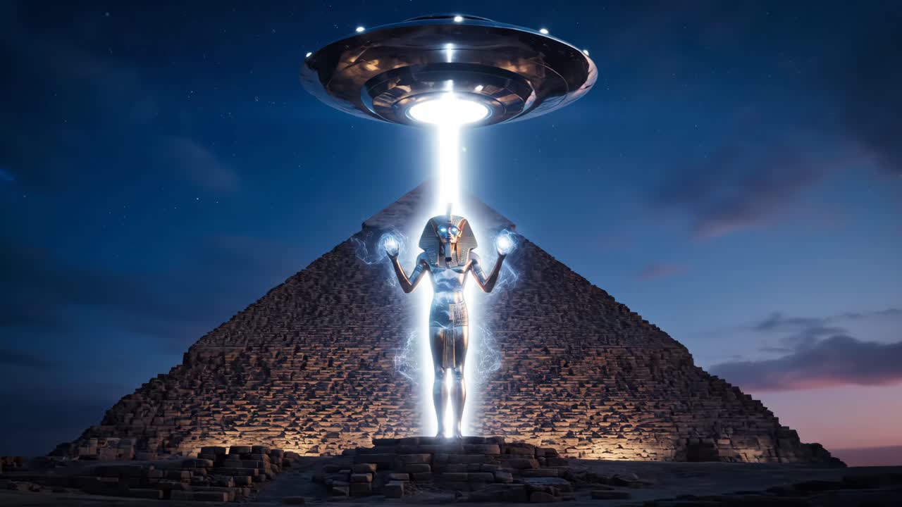Egyptian Pharaoh with UFO over Pyramid